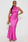 FN.   Liliana Backless Satin Maxi Dress - Fuchsia.  XL