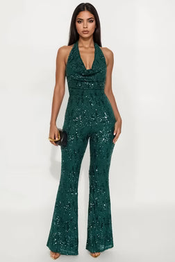 FN.   Astrid Backless Sequin Halter Jumpsuit - Teal.  XL