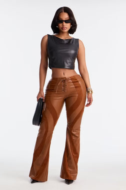 FN.   Cause A Riot Faux Leather Flare Pant 32″ - Brown. 2X