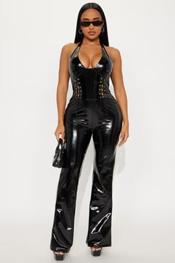 FN.   Pulse Faux Patent Leather Halter Jumpsuit - Black.  XL